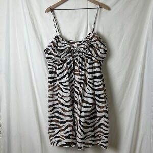 J. Crew Animal Print Babydoll Mini Dress Women Size 18 Brown White Cotton Summer